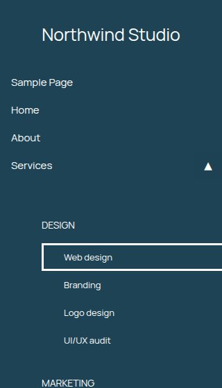 An open mobile menu navigated with the keyboard: the Services submenu is expanded and a white focus outline surrounds the Web design link