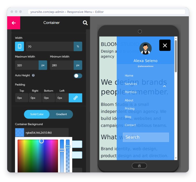 The Responsive Menu editor with a live phone preview