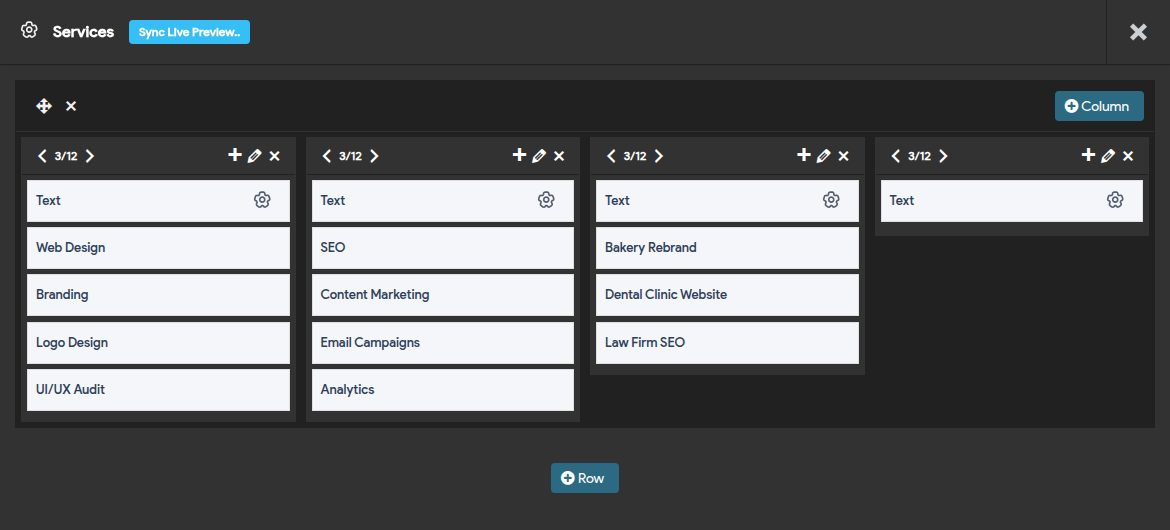 The Responsive Menu Pro mega menu builder: one row with four 3/12 columns holding menu links and Text widgets, with buttons to add a column or a row