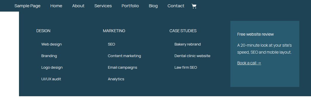 A desktop menu bar with the Services item open: a four-column mega menu with Design, Marketing and Case studies links and a Free website review promo box