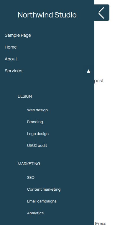 The same menu on a phone: a slide-in menu with Services expanded, showing the Design and Marketing columns stacked