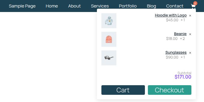 A menu bar with a cart icon showing 4 items, open as a dropdown listing three products with images, quantities, prices, a $171.00 subtotal and Cart and Checkout buttons