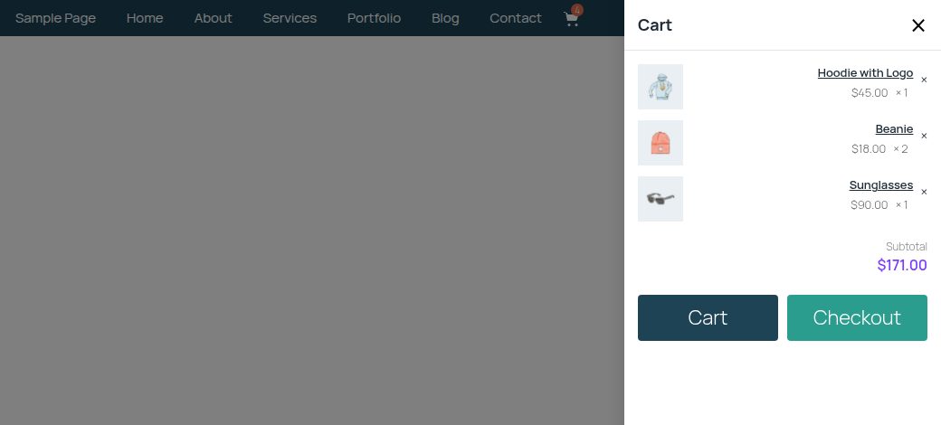 The Drawer type: a cart panel slid in from the right over a dimmed page, listing three products, the subtotal and Cart and Checkout buttons
