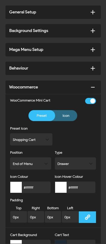 The WooCommerce section of the Responsive Menu Pro editor: Mini Cart switch, preset icon, position, type, icon colours and padding