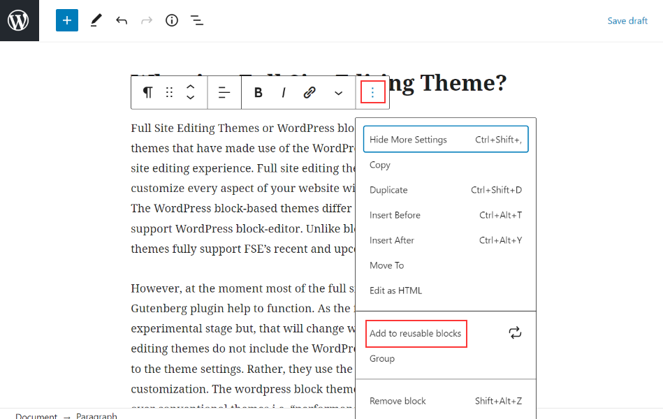 full site editing theme WordPress reusable blocks